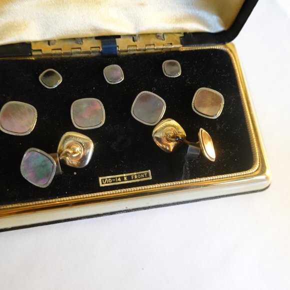 Men's 14k Gold Filled Front Cufflinks and Studs- 9 Piece Art Deco Set - Picture 2 of 3